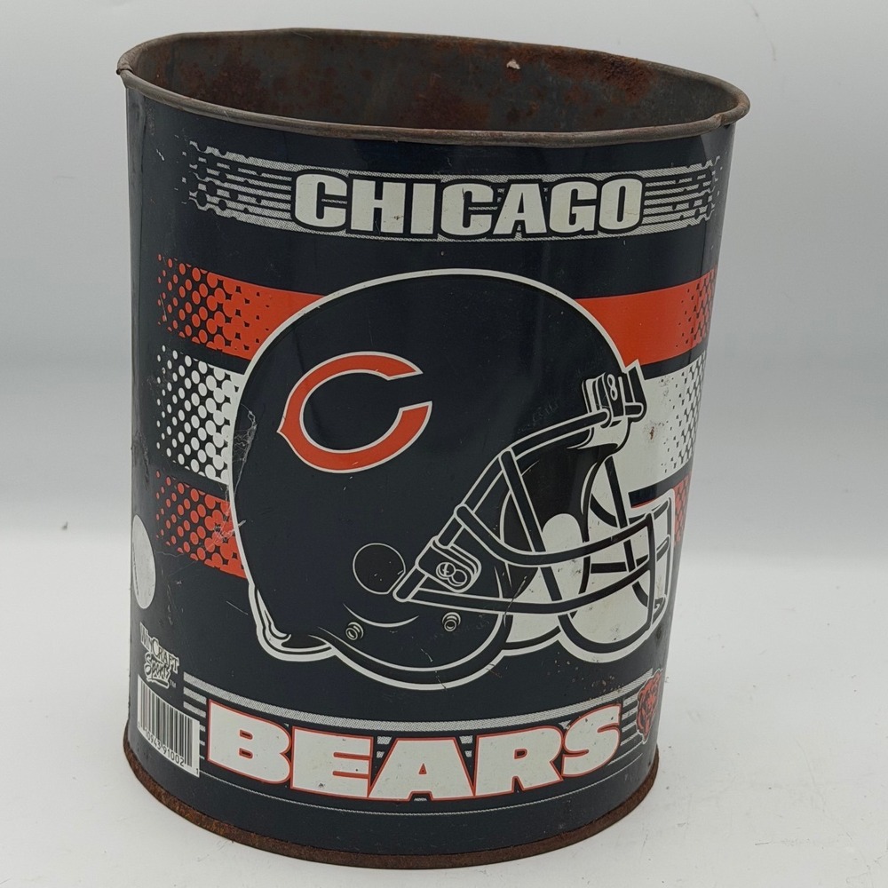 Vintage 1980s Chicago Bears Metal Trash Can Waste Basket Tin Helmet Bear Logo